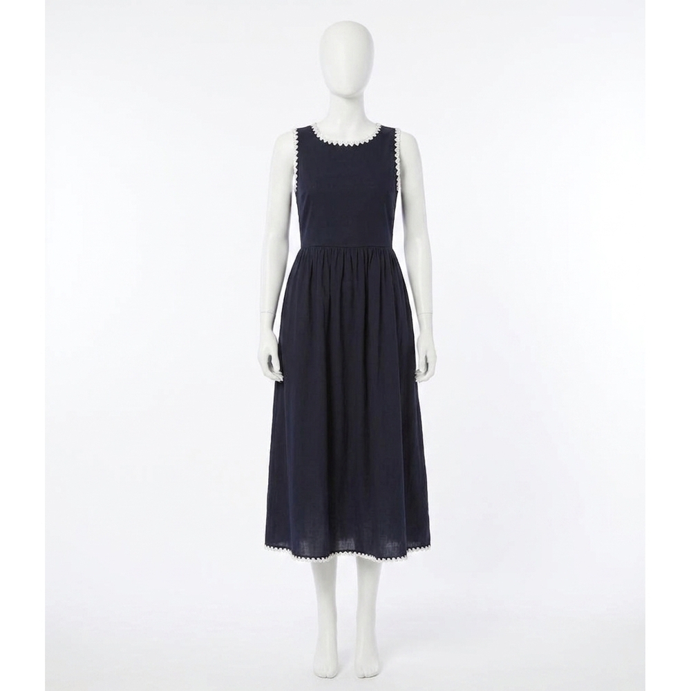 NEW KAREN KANE sleeveless edge stitch contrast midi dress in navy